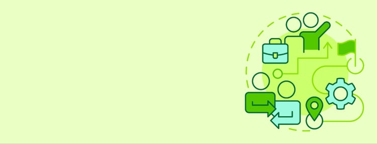 A group of icons—people, gears, dotted lines, arrows—that represent the way an organization evolves over time, on a light green background.
