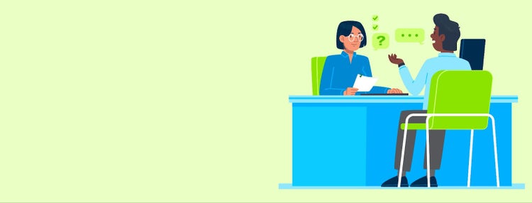 An illustration of an HR employee sitting at a desk, listening to another employee's questions and concerns.