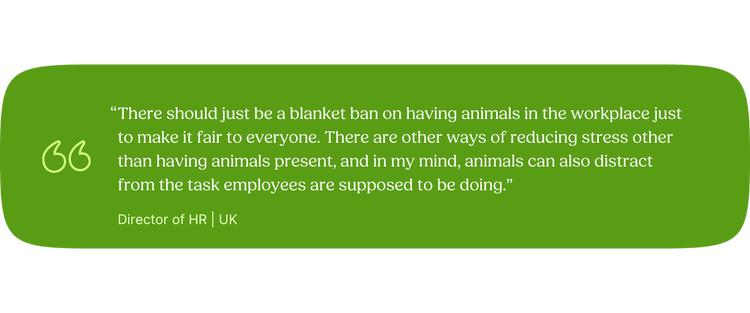 “I think there should just be a blanket ban on having animals in the workplace just to make it fair to everyone. There are other ways of reducing stress other than having animals present, and in my mind, animals can also distract from the task employees are supposed to be doing.” —Director of HR, UK