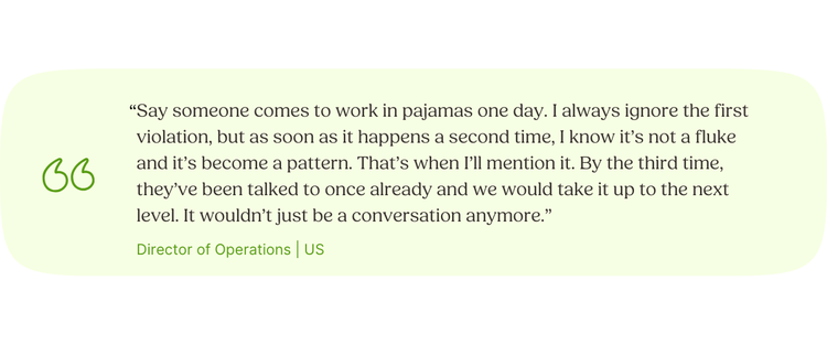 “Say someone comes to work in pajamas one day. I always ignore the first violation, but as soon as it happens a second time, I know it’s not a fluke and it’s become a pattern. That’s when I’ll mention it. By the third time, they’ve been talked to once already and we would take it up to the next level. It wouldn’t just be a conversation anymore.” Director of Operations | US