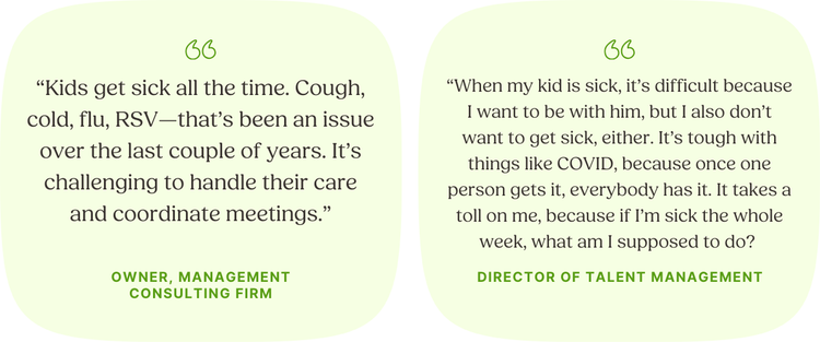 LEFT: "“Kids get sick all the time. Cough, cold, flu, RSV—that’s been an issue over the last couple of years. It’s challenging to handle their care and coordinate meetings.” —Owner, Management Consulting Firm | RIGHT: “When my kid is sick, it’s difficult because I want to be with him, but I also don’t want to get sick, either. It’s tough with things like COVID, because once one person gets it, everybody has it. It takes a toll on me, because if I’m sick the whole week, what am I supposed to do? —Director of Talent Development