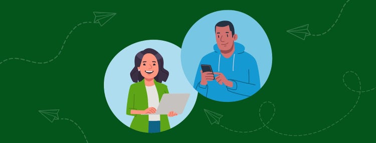 Illustration of two employees checking their email on a tablet and mobile device, on a green background.