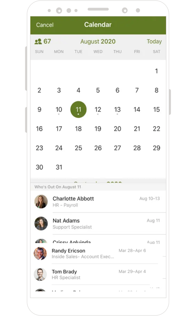 BambooHR's calendar feature on mobile interface