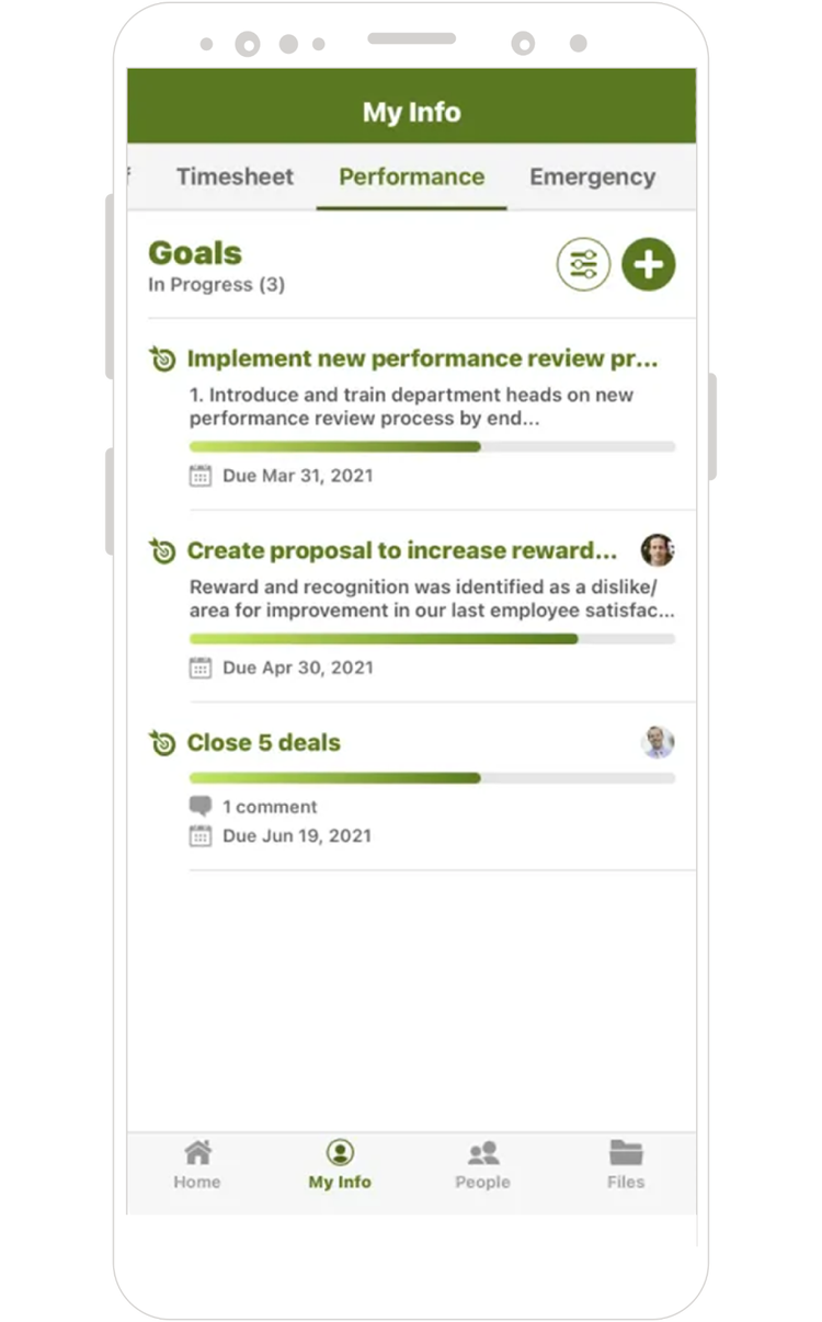 Mobile interface displaying BambooHR's performance management feature, highlighting employee goals, progress tracking, due dates, and comments.