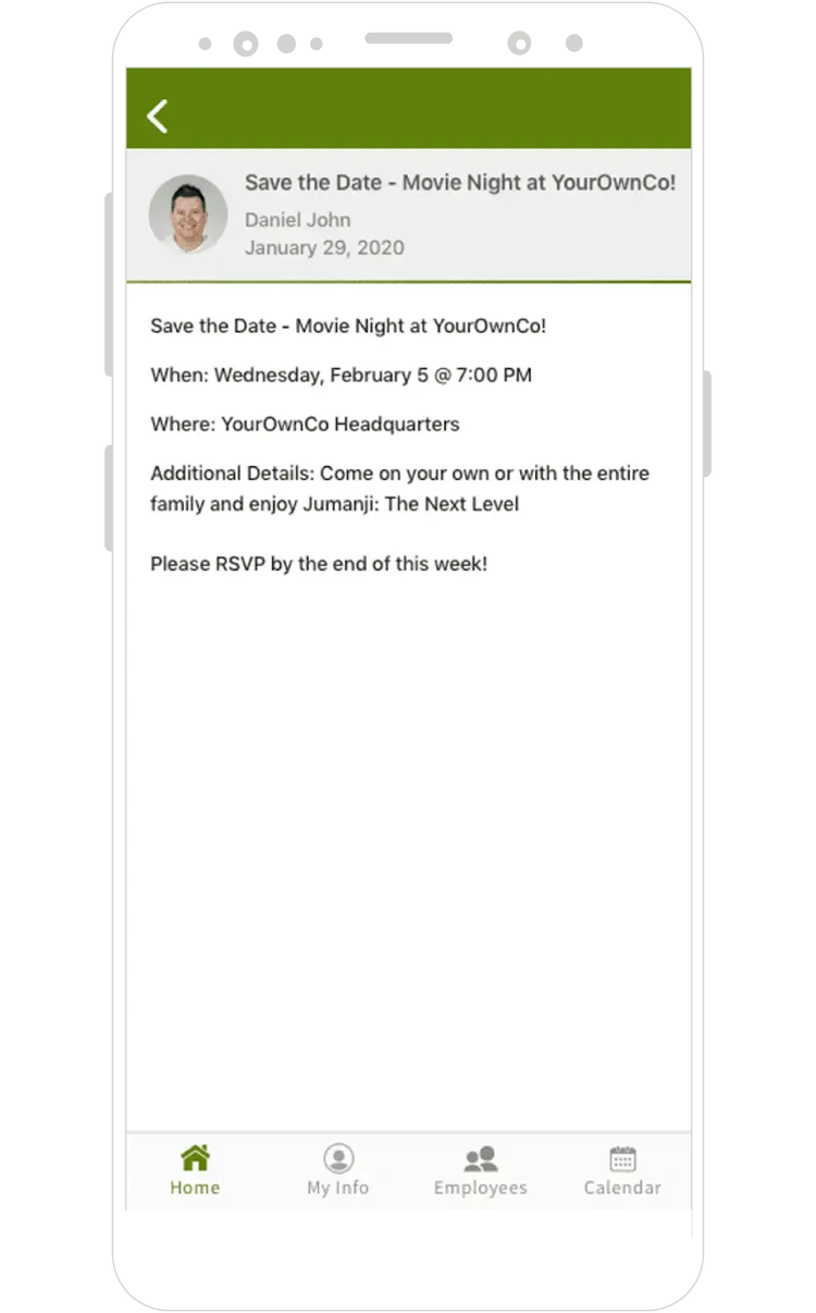 Mobile interface showing a company announcement in BambooHR, including date, time, location, and RSVP instructions.