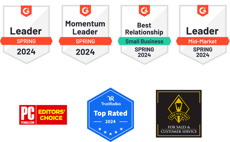 Awards: Spring 2024 G2 Leader, Spring 2024 G2 Momentum Leader, Spring 2024 G2 Best Relationship (Small Business), Spring 2024 G2 Leader (Mid-Market), PC Mag Editor's Choice, TrustRadius Top Rated (2024), The Stevies for Sales and Customer Service